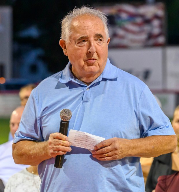 Mike Dartouzos speaks after being inducted into the Lehigh Valley Softball Hall of Fame during its 25th annual induction ceremony Wednesday, Sept. 9, 2026, at Patriots Park in Allentown.(April Gamiz/The Morning Call)
