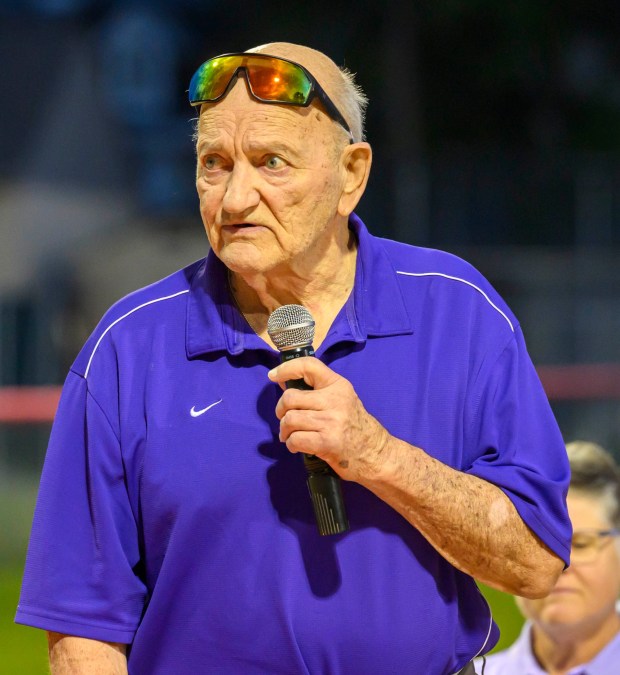 Lou Frey speaks after being inducted into the Lehigh Valley Softball Hall of Fame during its 25th annual induction ceremony Wednesday, Sept. 9, 2026, at Patriots Park in Allentown.(April Gamiz/The Morning Call)