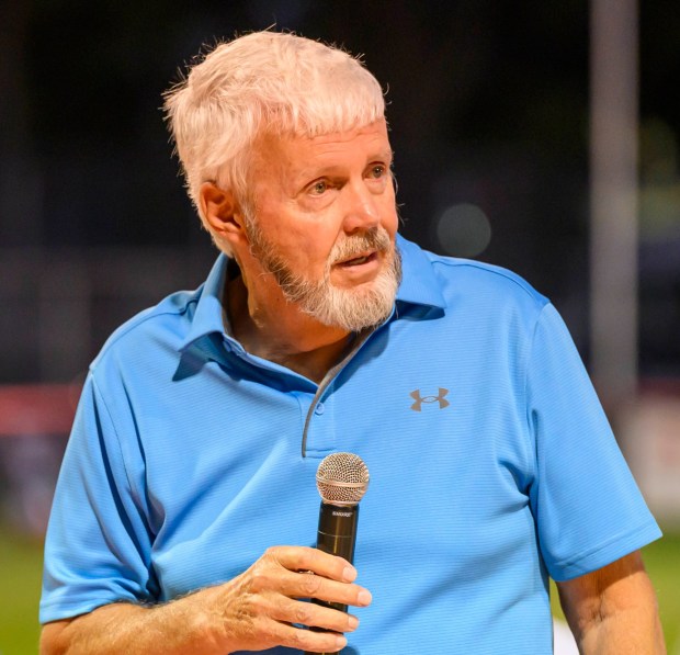 Father Gary Warmkessel speaks on behalf of his daughter the late Nicky Warmkessel after she was inducted into the Lehigh Valley Softball Hall of Fame during its 25th annual induction ceremony Wednesday, Sept. 9, 2026, at Patriots Park in Allentown.(April Gamiz/The Morning Call)