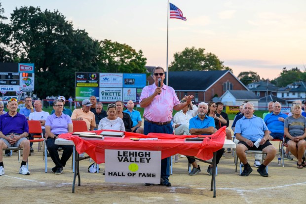 Morning Call reporter Keith Groller announces the inductees into the Lehigh Valley Softball Hall of Fame during its 25th annual induction ceremony Wednesday, Sept. 9, 2026, at Patriots Park in Allentown.(April Gamiz/The Morning Call)