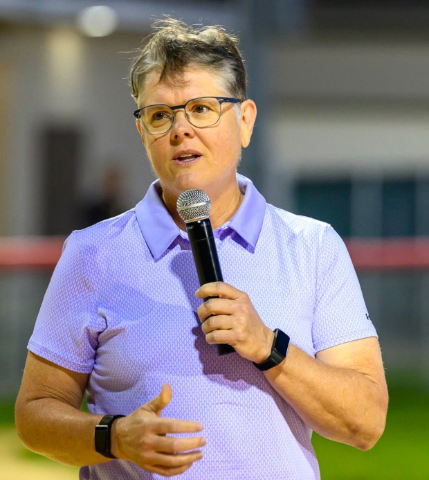 Jean Buskirk speaks after being inducted into the Lehigh Valley Softball Hall of Fame during its 25th annual induction ceremony Wednesday, Sept. 9, 2026, at Patriots Park in Allentown.(April Gamiz/The Morning Call)