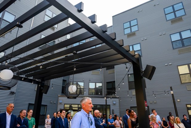 City Center Group President and CEO J.B. Reilly attends a ribbon-cutting Wednesday, Sept. 16, 2026, to mark the official opening of the Standard, City Center Group's 15th apartment building in downtown Allentown. The building, on the site of the former Morning Call office, has 257 apartments. (April Gamiz/The Morning Call)