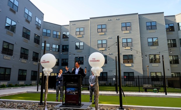 Allentown Mayor Matt Tuerk speaks Wednesday, Sept. 16, 2026, during a ribbon-cutting marking the official opening of the Standard, City Center Group's 15th apartment building in downtown Allentown. The building, on the site of the former Morning Call office, has 257 apartments. (April Gamiz/The Morning Call)