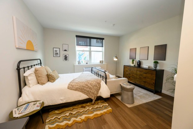 A studio apartment at the Standard in Allentown. City Center Group held a ribbon cutting Wednesday, Sept. 16, 2026, to mark the building's opening, making it the company's 15th apartment building in downtown Allentown. Built on the site of the former Morning Call office, it has 257 apartments. (April Gamiz/The Morning Call)