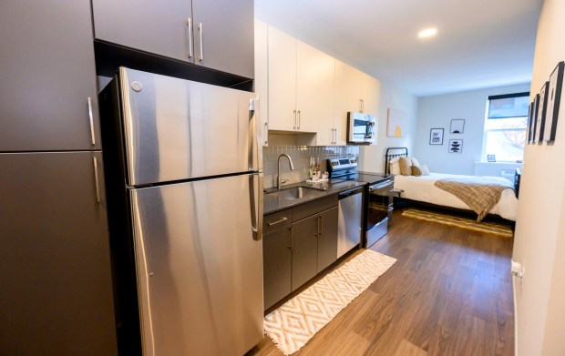 A studio apartment at the Standard in Allentown. City Center Group held a ribbon cutting Wednesday, Sept. 16, 2026, to mark the building's opening, making it the company's 15th apartment building in downtown Allentown. Built on the site of the former Morning Call office, it has 257 apartments. (April Gamiz/The Morning Call)
