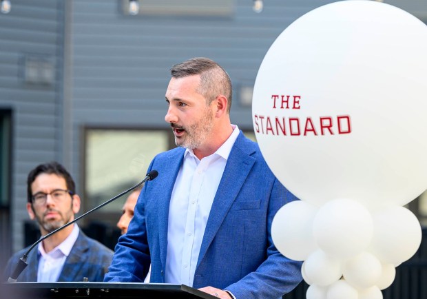 Zach Sienicki, City Center's chief operating officer speaks Wednesday, Sept. 16, 2026, during a ribbon-cutting marking the official opening of the Standard, City Center Group's 15th apartment building in downtown Allentown. The building, on the site of the former Morning Call office, has 257 apartments. (April Gamiz/The Morning Call)