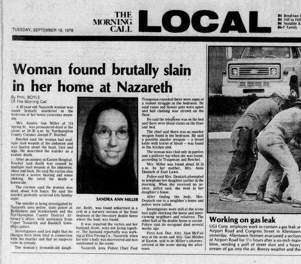 A Morning Call story on the murder of Sandy Miller in her Nazareth home in September 1978. (Morning Call archives)