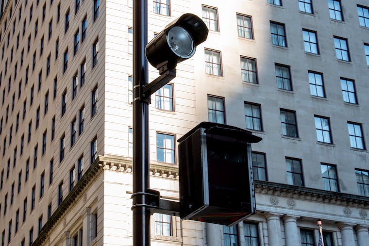 A Philadelphia Parking Authority red light camera on the northeast corner of City Hall at Broad Street in 2019.
