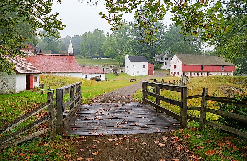The furnace stack and village at Hopewell Furnace National Historic Site.