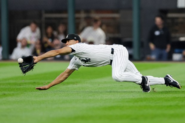 White Sox right fielder Braden Montgomery dives to catch a liner from Pirates center fielder Jake Mangum in the second inning Sept. 10, 2026, at Rate Field. (Armando L. Sanchez/Chicago Tribune)