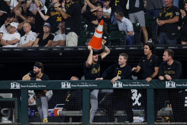 Pirates players celebrate after center fielder Oneil Cruz hit a solo-home run in the fourth inning against the White Sox on Sept. 10, 2026, at Rate Field. (Armando L. Sanchez/Chicago Tribune)