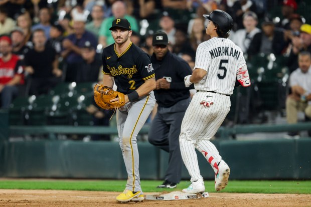 White Sox first baseman Munetaka Murakami grounds out in the ninth inning against the Pirates on Sept. 10, 2026, at Rate Field. (Armando L. Sanchez/Chicago Tribune)