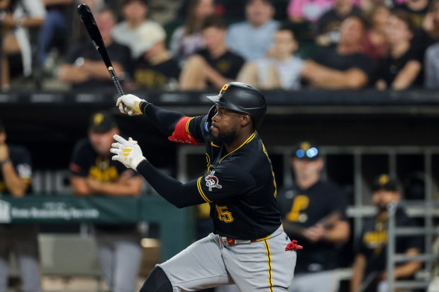 Pirates center fielder Oneil Cruz hits an RBI single in the eighth inning against the White Sox on Sept. 10, 2026, at Rate Field. (Armando L. Sanchez/Chicago Tribune)