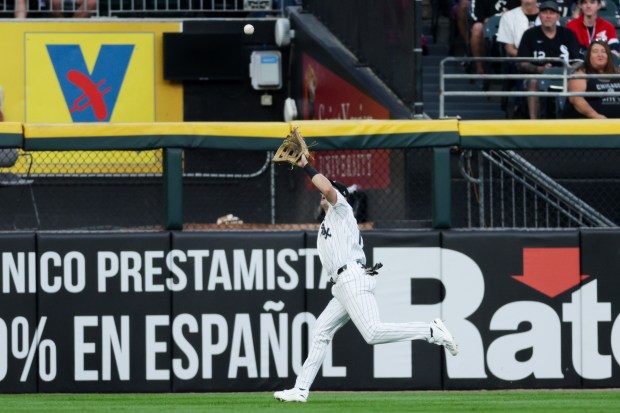 White Sox left fielder Sam Antonacci catches a fly ball from Pirates shortstop Konnor Griffin in the first inning Sept. 10, 2026, at Rate Field. (Armando L. Sanchez/Chicago Tribune)