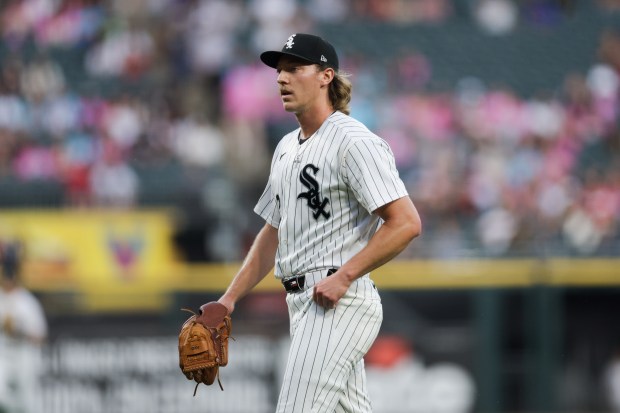 White Sox pitcher Hagen Smith (32) walks to the dugout after pitching during the first inning against the Pirates at Rate Field Sept. 10, 2026 in Chicago. (Armando L. Sanchez/Chicago Tribune)