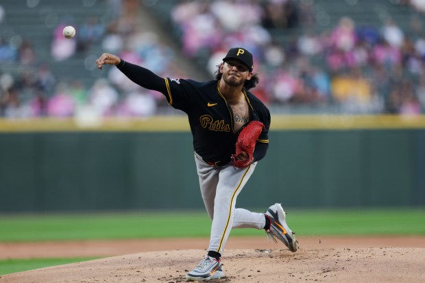 Pirates strarter Jared Jones delivers against the White Sox in the first inning Sept. 10, 2026, at Rate Field. (Armando L. Sanchez/Chicago Tribune)
