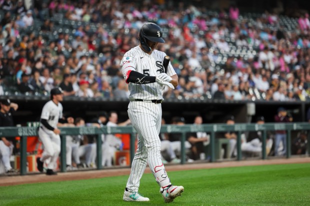 White Sox first baseman Munetaka Murakami walks to the plate for an at-bat in the first inning against the Pirates on Sept. 10, 2026, at Rate Field. (Armando L. Sanchez/Chicago Tribune)