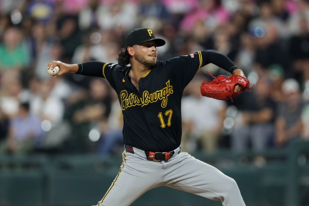 Pirates starter Jared Jones delivers against the White Sox in the sixth inning Thursday, Sept. 10, 2026, at Rate Field. (Armando L. Sanchez/Chicago Tribune)