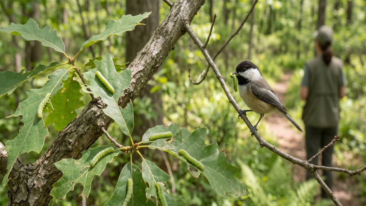An AI-generated image showing how native plants such as oaks can support large numbers of caterpillars, which provide an important food source for breeding songbirds such as Carolina chickadees. Credits - Google Gemini Gemini_Generated_Image_j4fngyj4fngyj4fn