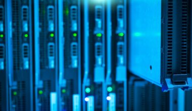 Detailed view of a server rack with a focus on technology and data storage.
