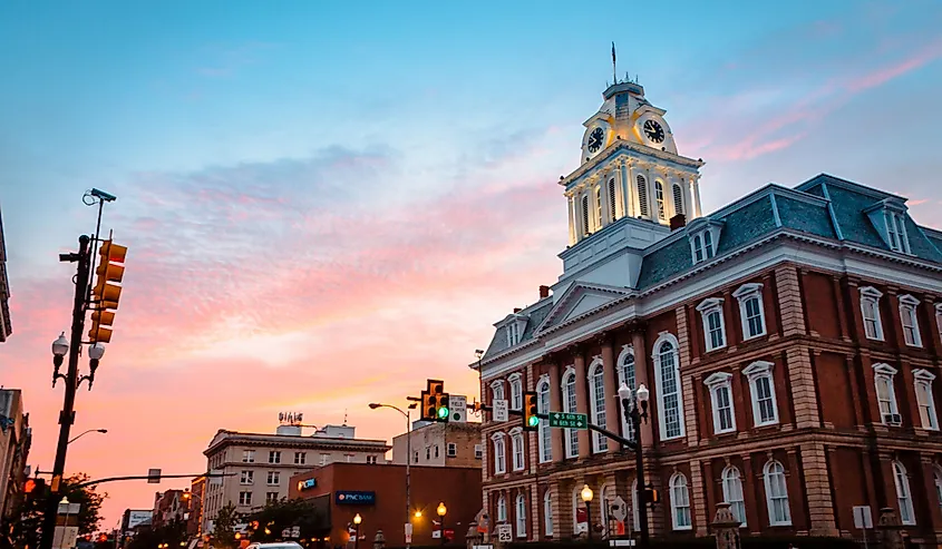 The Old Indiana County Courthouse and its clock tower at sunset in Indiana, Pennsylvania.