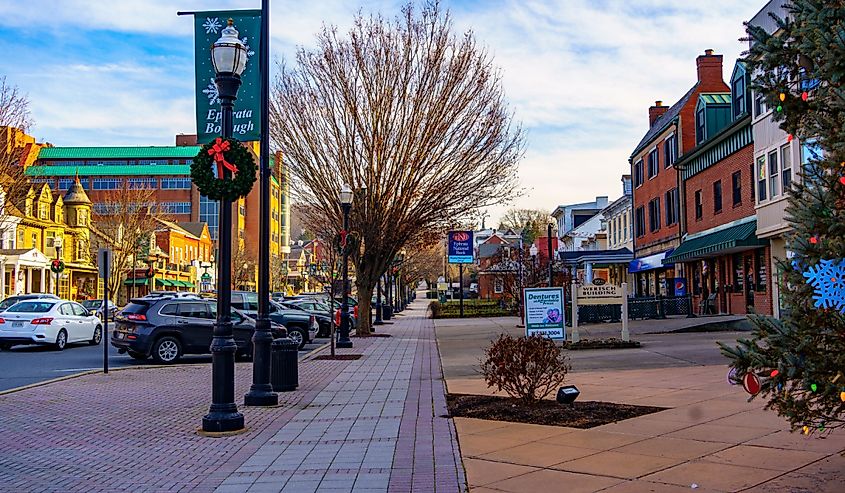 A downtown street scene in the business district of Ephrata, Lancaster County, Pennsylvania.