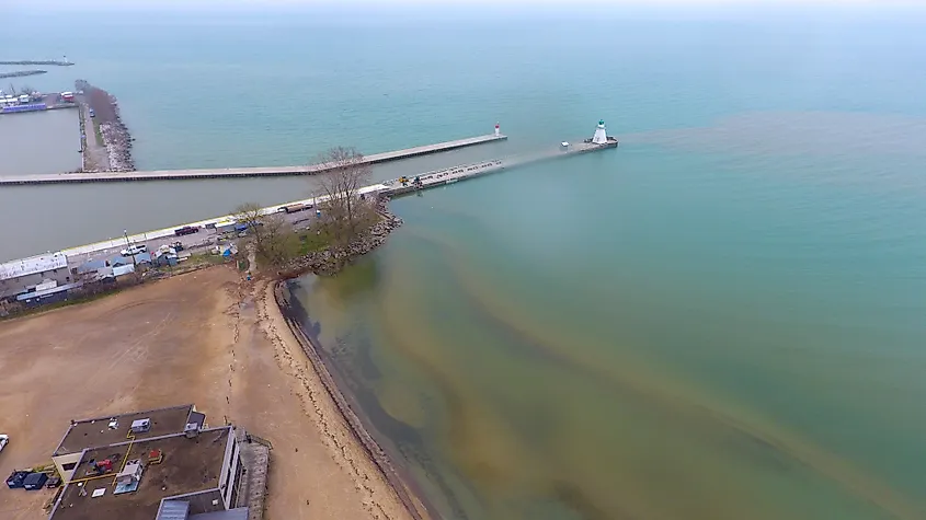 Aerial view of turbid water at a Lake Erie harbor