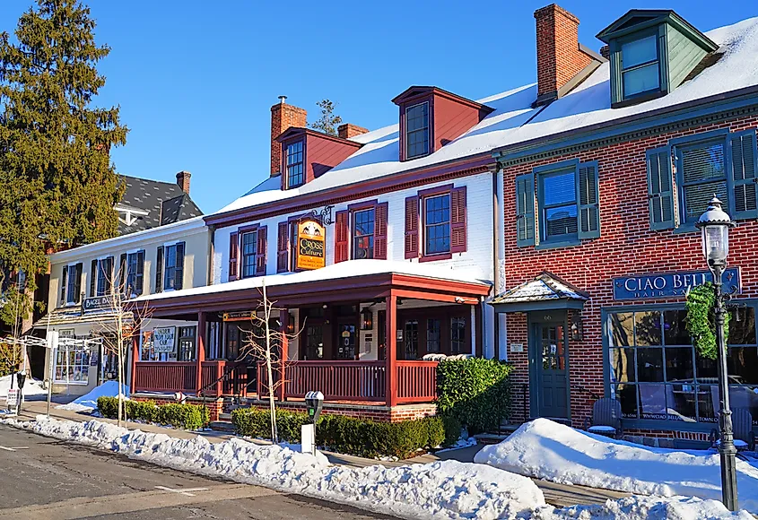 Winter view of downtown buildings in historic Doylestown, Bucks County, Pennsylvania.