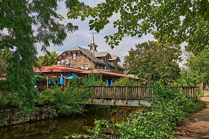 A small wooden bridge crossing the Delaware River Canal in Lambertville, New Jersey, near New Hope, Pa.