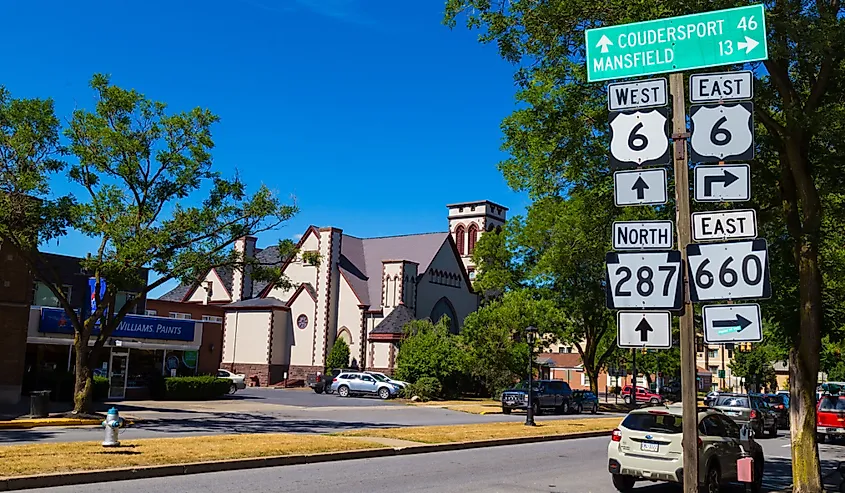 Route signs on Main Street in Wellsboro, Pennsylvania.
