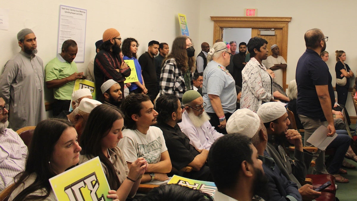 People line up to speak at a public hearing for Upper Darby Township Council's ordinance restricting collaboration with U.S. Immigration and Customs Enforcement on Sept. 16, 2026.