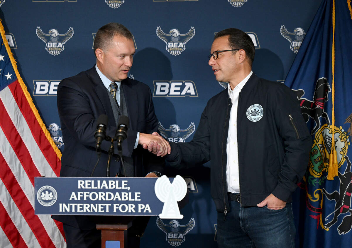 Bald Eagle Area School District Superintendent Chris Santini welcomes Gov. Josh Shapiro as he announces investments in expanding broadband internet across the state during a press conference at Bald Eagle Area Middle School and High School on Friday, Oct. 2, 2026.