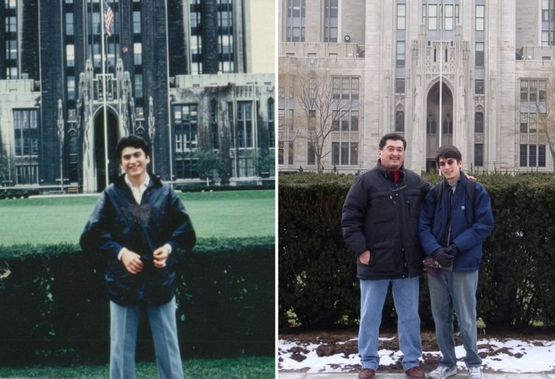 A man in front of the Cathedral, and him 20 years later with his son in the same spot