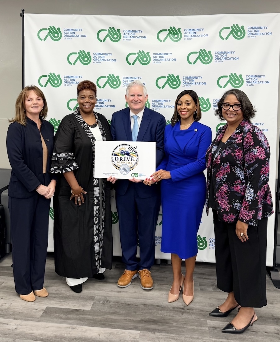 Erie County Clerk Michael P. Kearns and Community Action Organization (CAO) of WNY announced the DRIVE to Success program. Pictured, from left: Madonna Bishop, deputy clerk- auto bureau operations; Dr. Melanie Porter, senior program director, HOPE Initiative/CAO of WNY; Kearns; Jamelle Simmons, community outreach coordinator, Erie County Clerk's Office; Dr. Marie Cannon, DSW, president and CEO of CAO of WNY. (Submitted)