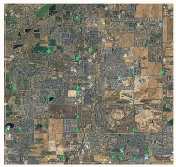 Green spots mark where there are Flock Safety cameras located in Erie. (Town of Erie / Courtesy image)