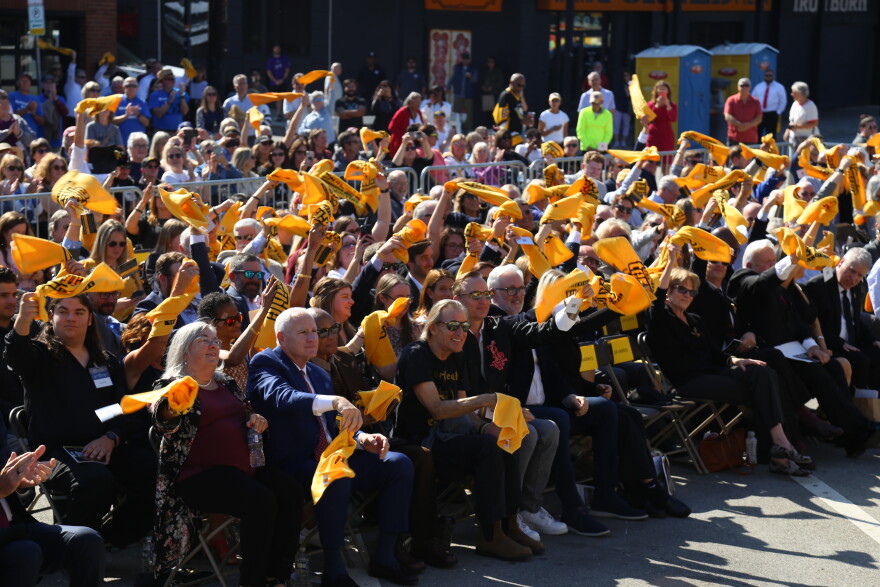 Attendees of Pittsburgh Walk of Fame induction wake their Terrible Towels in honor of former color commentator Myron Cope on Oct. 13, 2026.