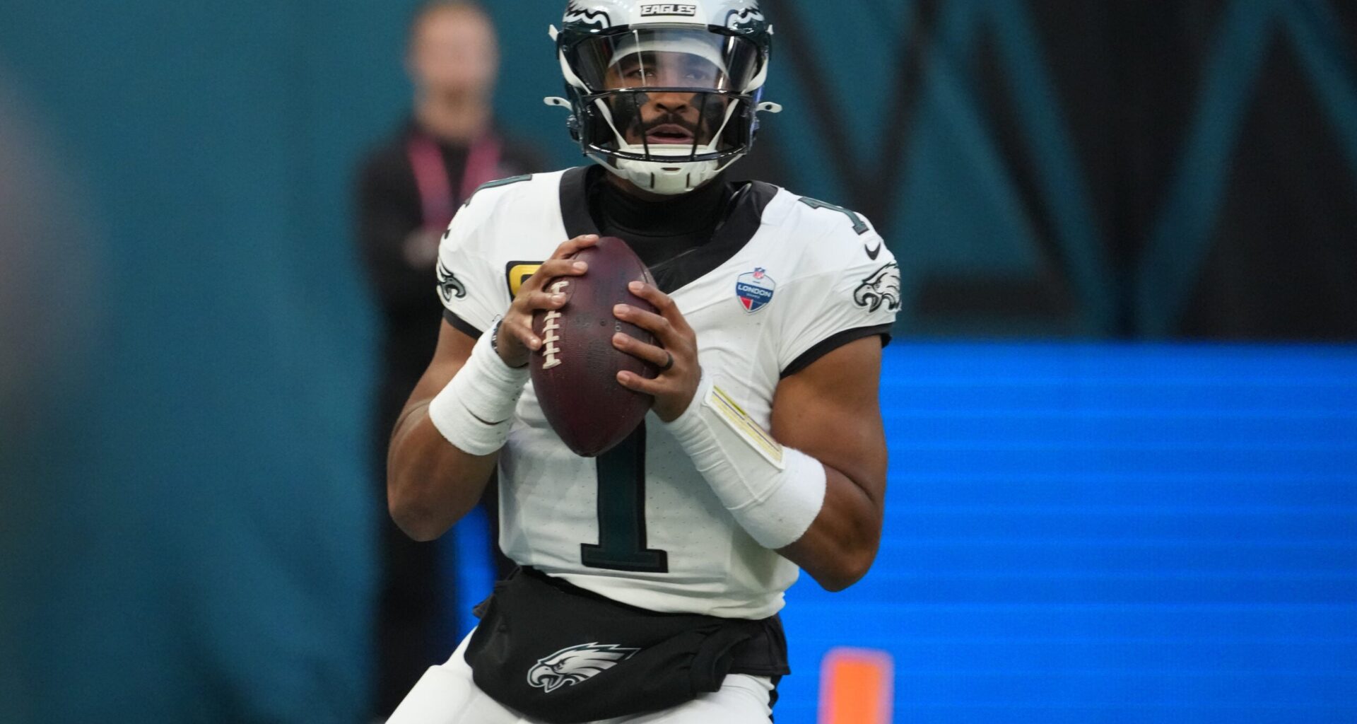Oct 11, 2026; Tottenham, ENG; Philadelphia Eagles quarterback Jalen Hurts (1) drops back to pass during the second half against the Jacksonville Jaguars at Tottenham Hotspur Stadium.