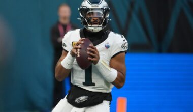 Oct 11, 2026; Tottenham, ENG; Philadelphia Eagles quarterback Jalen Hurts (1) drops back to pass during the second half against the Jacksonville Jaguars at Tottenham Hotspur Stadium.