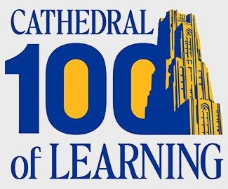 The words "Cathedral of Learning" and the number "100," flanked by a sketch of the Cathedral building