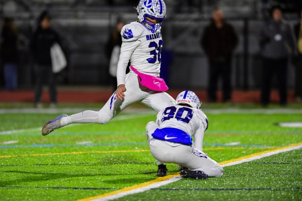 Nazareth's Owen Hall kicks a extra point against Bethlehem Catholic on Saturday, Oct. 17, 2026, BASD Stadium in Bethlehem. (Jonathan Broady/Special to The Morning Call)