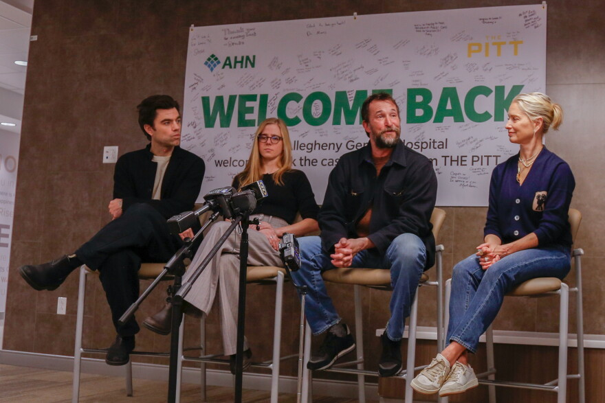 "The Pitt" stars Noah Wyle, Katherine LaNasa, Taylor Dearden and Patrick Ball at a press conference inside of Allegheny General Hospital on Oct. 26, 2026, in Pittsburgh.
