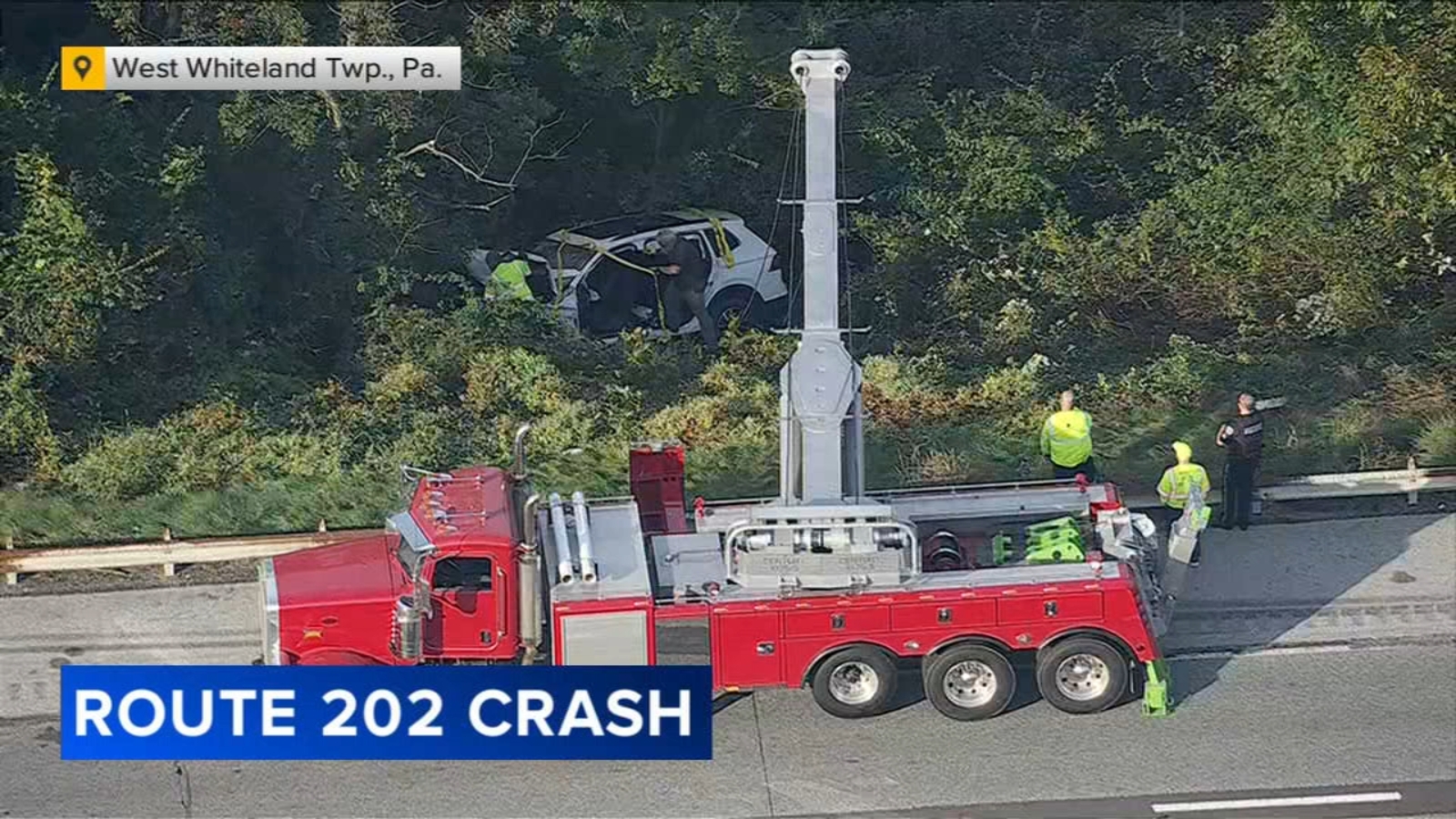Driver rescued, vehicle removed by crane after crash on Route 202 in West Whitehall Township, Chester County