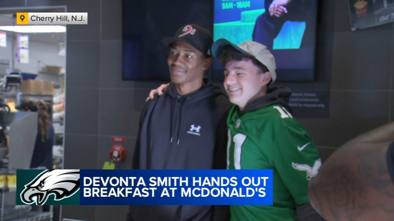 Philadelphia Eagles WR DeVonta Smith hands out breakfast at McDonald's in Cherry Hill, New Jersey