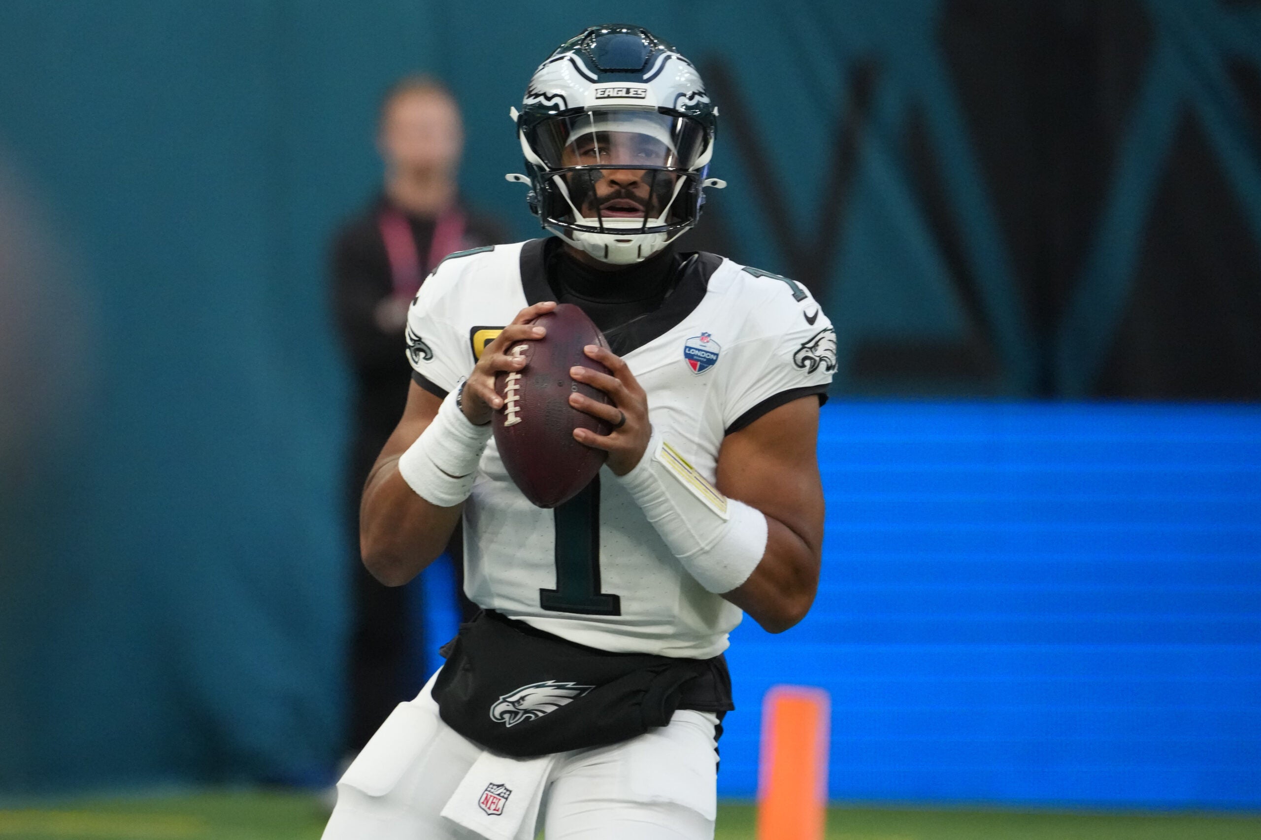 Oct 11, 2026; Tottenham, ENG; Philadelphia Eagles quarterback Jalen Hurts (1) drops back to pass during the second half against the Jacksonville Jaguars at Tottenham Hotspur Stadium.