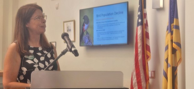 State President of Brid Town Pennsylvania, Heidi Shiver, speaks during Wednesday's ceremony at Borough Hall where West Chester was recognized as a Bird Town Pennsylvania. (BILL RETTEW/MEDIANEWSGROUP)