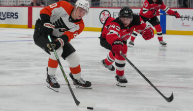 Oct 1, 2026; Newark, New Jersey, USA;  Philadelphia Flyers left wing Alex Bump (20) plays the puck as New Jersey Devils defenseman Luke Hughes (43) defends during the first period at Prudential Center.