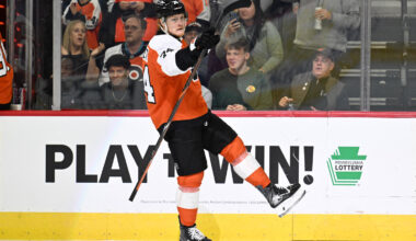 Oct 3, 2026; Philadelphia, Pennsylvania, USA; Philadelphia Flyers right wing Owen Tippett (74) celebrates his goal against the Carolina Hurricanes during the first period at Xfinity Mobile Arena.