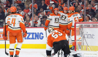 Oct 24, 2026; Philadelphia, Pennsylvania, USA; Anaheim Ducks right wing Beckett Sennecke (45) celebrates with teammates after scoring a goal against the Philadelphia Flyers in the third period at Xfinity Mobile Arena.