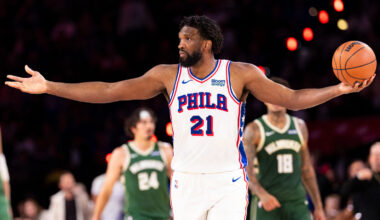 Philadelphia 76ers center Joel Embiid (21) reacts after a play against the Milwaukee Bucks during the fourth quarter at Xfinity Mobile Arena.