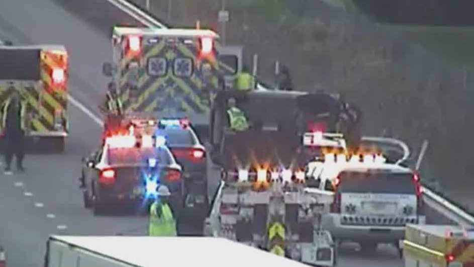 A vehicle turned on its side on the Parkway West